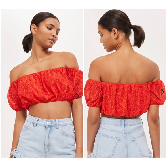 Topshop Tops - Topshop Large Red Floral Lace Bardot Crop Top